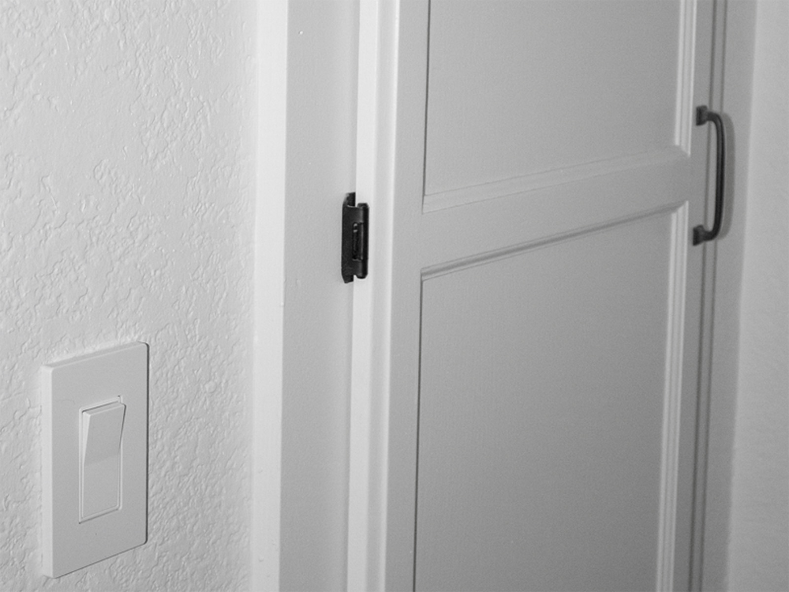 Interior door painting with professional finish and new modern black pull handles and hinges installation